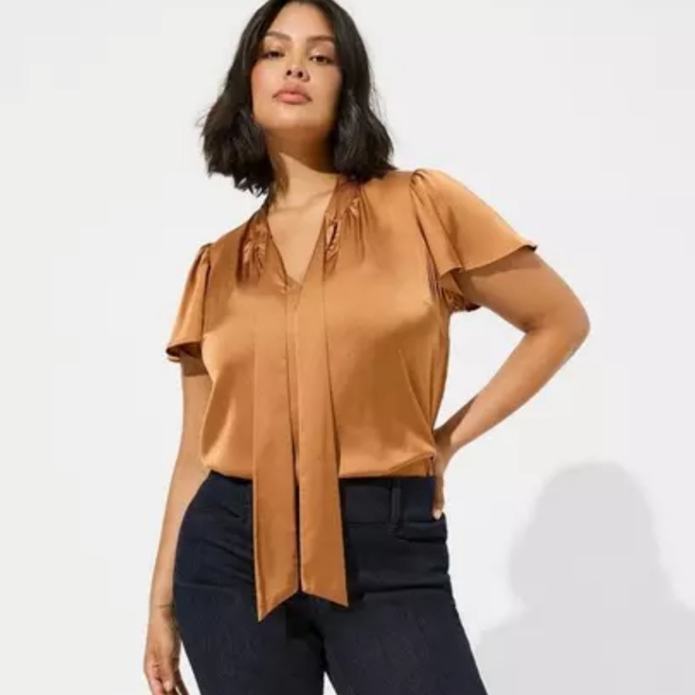 Torrid | Satin Golden Rust Brown Necktie Accent Blouse - Picture 11 of 11